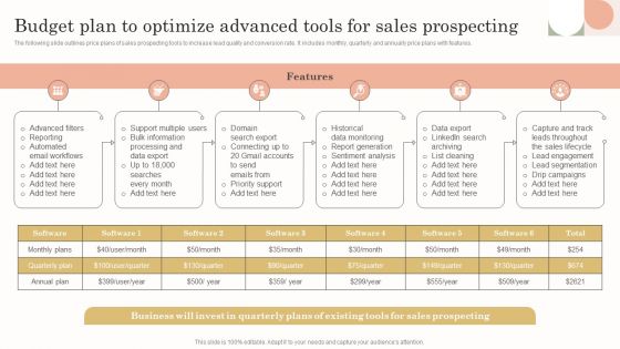 Budget Plan To Optimize Advanced Tools For Sales Prospecting Diagrams PDF Budget Plan To Optimize Advanced Tools For Sales Prospecting Diagrams PDF
