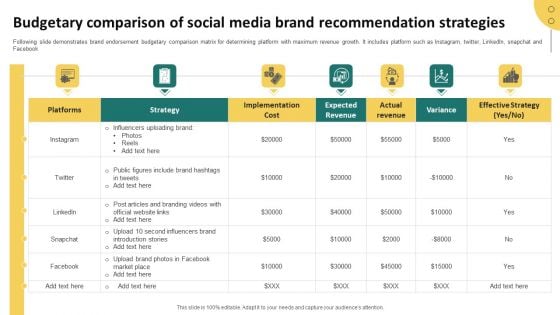 Budgetary Comparison Of Social Media Brand Recommendation Strategies Mockup PDF