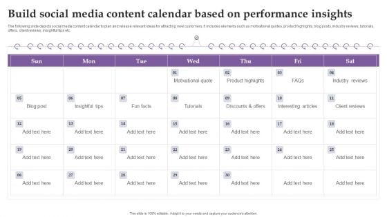 Build Social Media Content Calendar Based On Performance Insights Ppt File Example Topics PDF