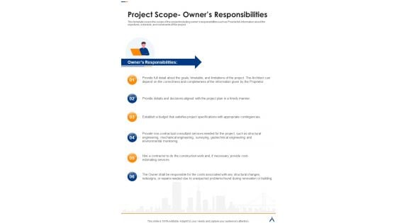 Building Architecture Designing Service Project Scope Owners Responsibilities One Pager Sample Example Document