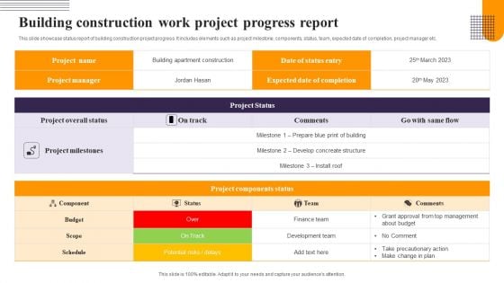 Building Construction Work Project Progress Report Designs PDF