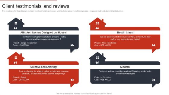 Building Design Firm Details Client Testimonials And Reviews Ppt Icon Influencers PDF