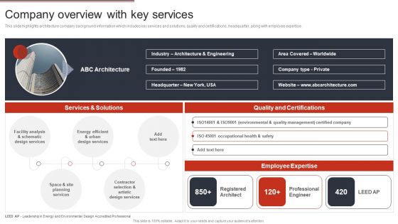 Building Design Firm Details Company Overview With Key Services Ppt File Skills PDF