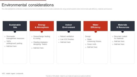 Building Design Firm Details Environmental Considerations Ppt File Show PDF