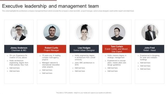 Building Design Firm Details Executive Leadership And Management Team Brochure PDF Building Design Firm Details Executive Leadership And Management Team Brochure PDF