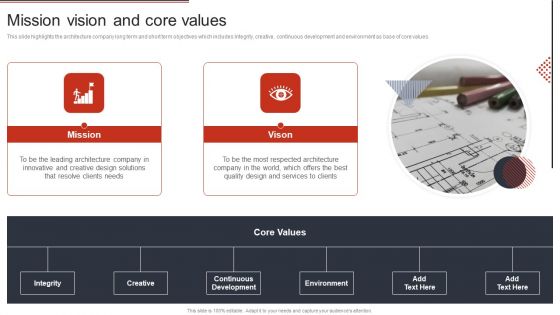 Building Design Firm Details Mission Vision And Core Values Ppt Outline Summary PDF