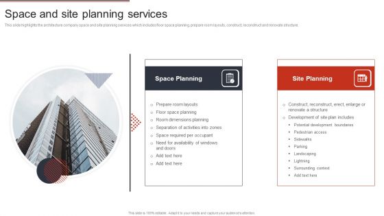 Building Design Firm Details Space And Site Planning Services Ppt Outline Influencers PDF