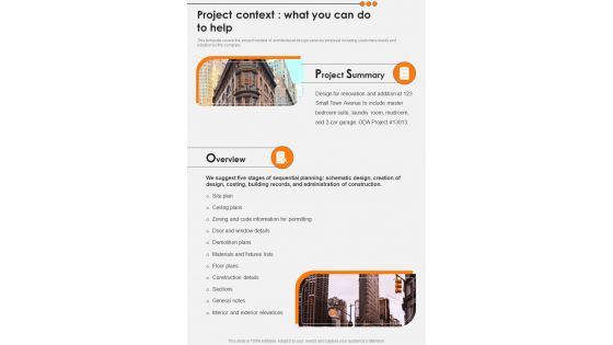 Building Design Services Request Project Context What You Can Do To Help One Pager Sample Example Document