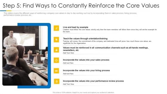 Building Efficient Work Environment Step 5 Find Ways To Constantly Reinforce The Core Values Summary PDF