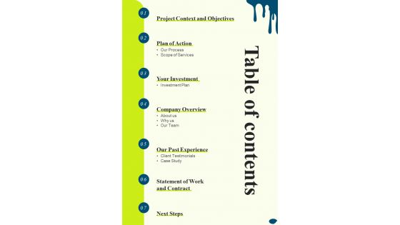 Building Exterior Whitewashing Proposal Table Of Contents One Pager Sample Example Document