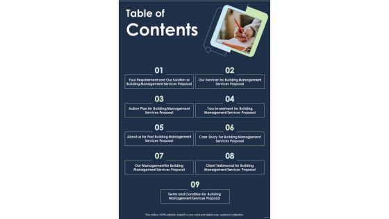 Building Management Services Proposal Table Of Contents One Pager Sample Example Document