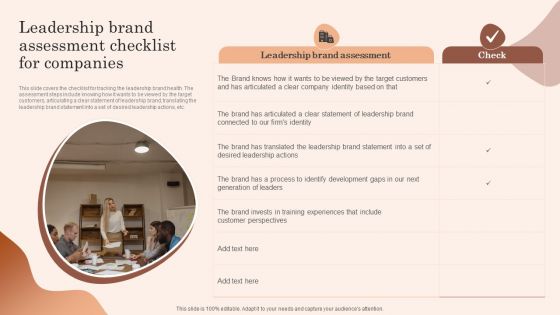 Building Market Brand Leadership Strategies Leadership Brand Assessment Checklist For Companies Icons PDF