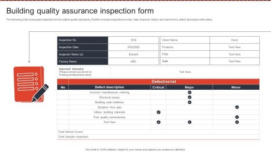 Building Quality Assurance Inspection Form Ppt PowerPoint Presentation File Gallery PDF