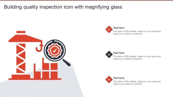 Building Quality Inspection Icon With Magnifying Glass Ppt PowerPoint Presentation File Design Ideas PDF