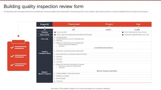 Building Quality Inspection Review Form Ppt PowerPoint Presentation Gallery Rules PDF
