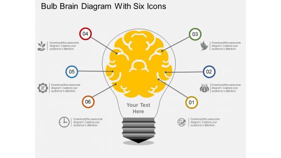 Bulb Brain Diagram With Six Icons Powerpoint Template