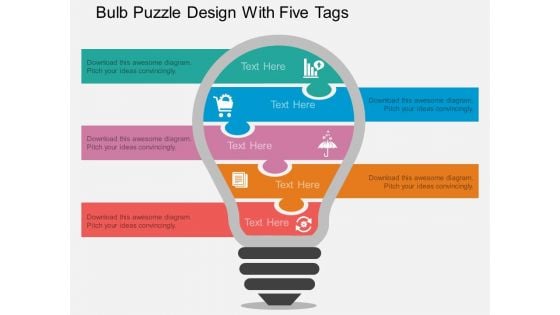 Bulb Puzzle Design With Five Tags Powerpoint Template