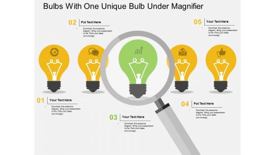 Bulbs With One Unique Bulb Under Magnifier Powerpoint Template