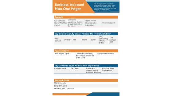 Business Account Plan One Pager PDF Document PPT Template