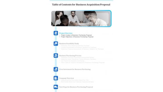 Business Acquisition Proposal Table Of Contents One Pager Sample Example Document