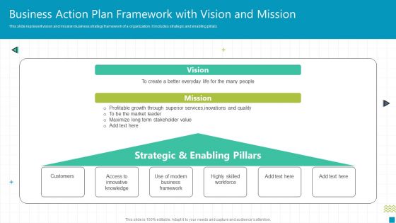 Business Action Plan Framework With Vision And Mission Ppt Styles Graphics Example PDF