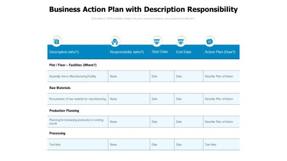 Business Action Plan With Description Responsibility Ppt PowerPoint Presentation Portfolio Good