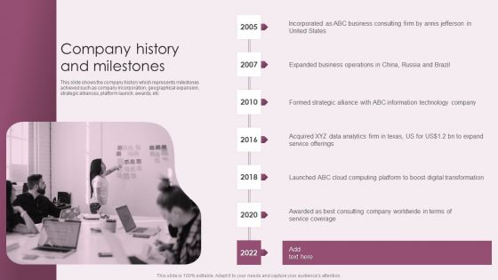 Business Advisory Solutions Company Profile Company History And Milestones Graphics PDF