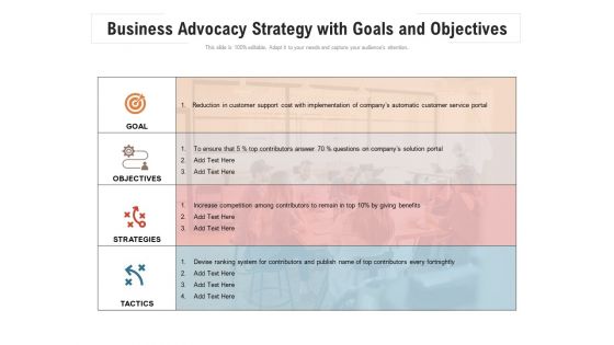 Business Advocacy Strategy With Goals And Objectives Ppt PowerPoint Presentation Portfolio Slides