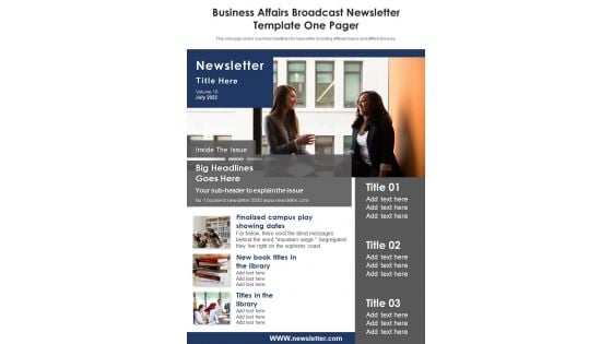 Business Affairs Broadcast Newsletter Template One Pager PDF Document PPT Template Business Affairs Broadcast Newsletter Template One Pager PDF Document PPT Template