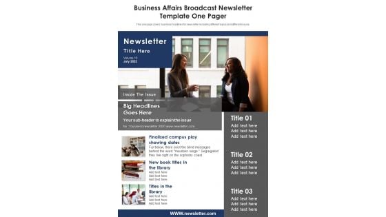 Business Affairs Broadcast Newsletter Template One Pager PDF Document PPT Template