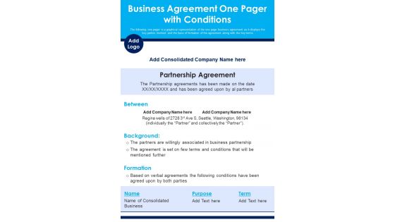 Business Agreement One Pager With Conditions PDF Document PPT Template