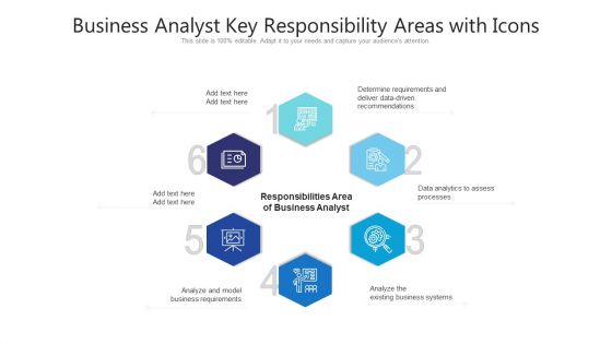 Business Analyst Key Responsibility Areas With Icons Ppt PowerPoint Presentation Gallery Gridlines PDF