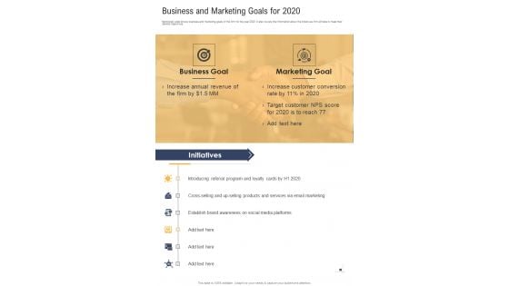 Business And Marketing Goals For 2020 One Pager Documents