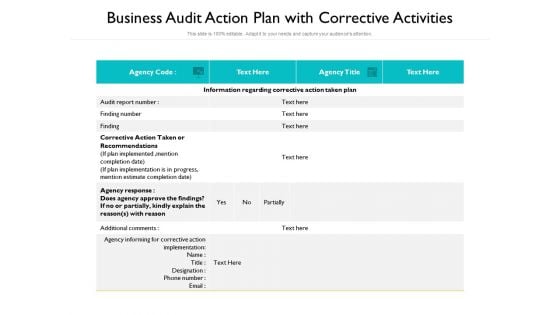 Business Audit Action Plan With Corrective Activities Ppt PowerPoint Presentation Show Example PDF