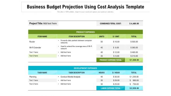 Business Budget Projection Using Cost Analysis Template Ppt PowerPoint Presentation File Deck PDF