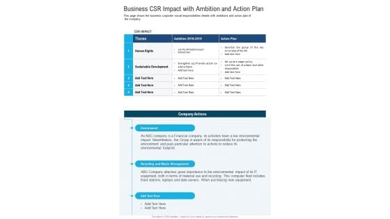Business CSR Impact With Ambition And Action Plan One Pager Documents