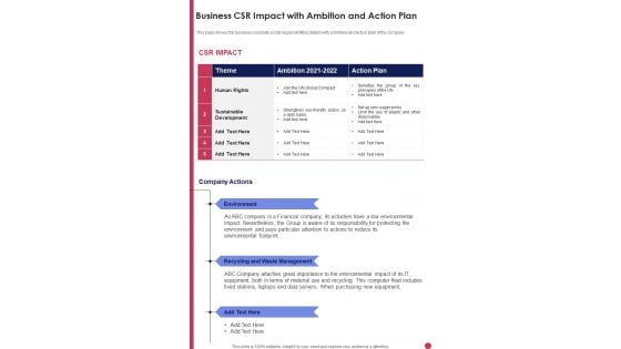 Business CSR Impact With Ambition And Action Plan Template 266 One Pager Documents