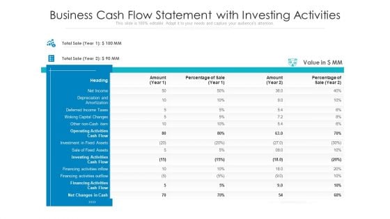 Business Cash Flow Statement With Investing Activities Ppt PowerPoint Presentation File Smartart PDF