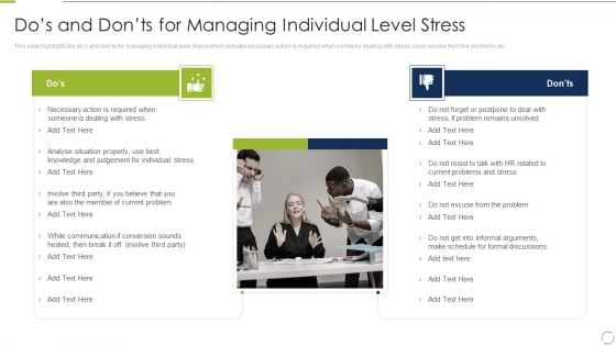 Business Change And Stress Administration Methods Do And Donts For Managing Individual Level Icons PDF