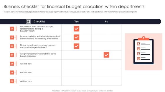 Business Checklist For Financial Budget Allocation Within Departments Summary PDF