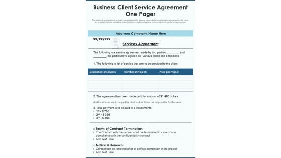 Business Client Service Agreement One Pager PDF Document PPT Template