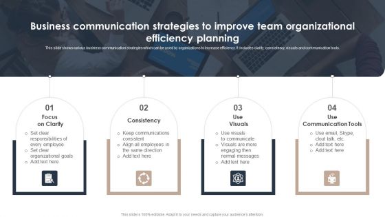 Business Communication Strategies To Improve Team Organizational Efficiency Planning Slides PDF