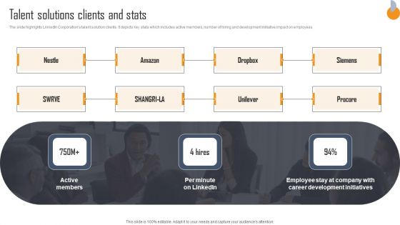 Business Connection Network Company Outline Talent Solutions Clients And Stats Inspiration PDF