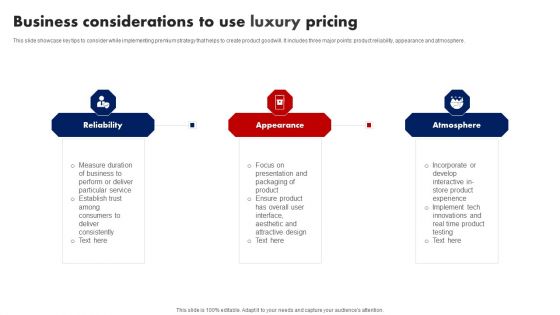 Business Considerations To Use Luxury Pricing Ppt Layouts Icons PDF