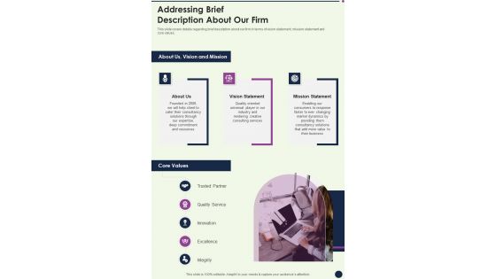 Business Consulting Service Addressing Brief Description About Our Firm One Pager Sample Example Document Business Consulting Service Addressing Brief Description About Our Firm One Pager Sample Example Document