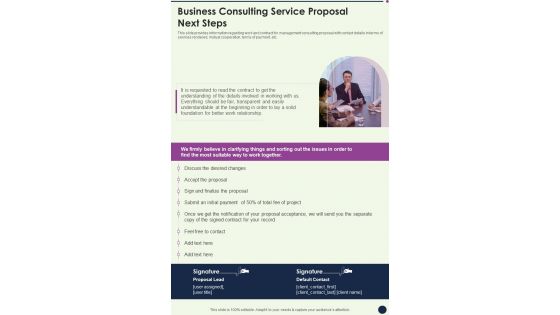 Business Consulting Service Proposal Next Steps One Pager Sample Example Document