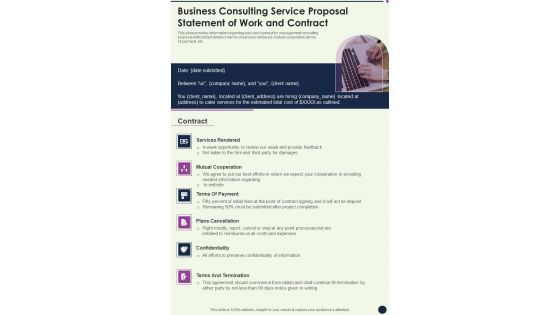 Business Consulting Service Proposal Statement Of Work And Contract One Pager Sample Example Document