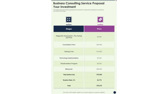 Business Consulting Service Proposal Your Investment One Pager Sample Example Document