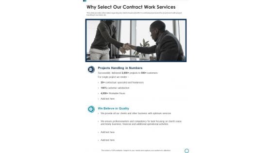 Business Contract Work Template Why Select Our Contract Work Services One Pager Sample Example Document