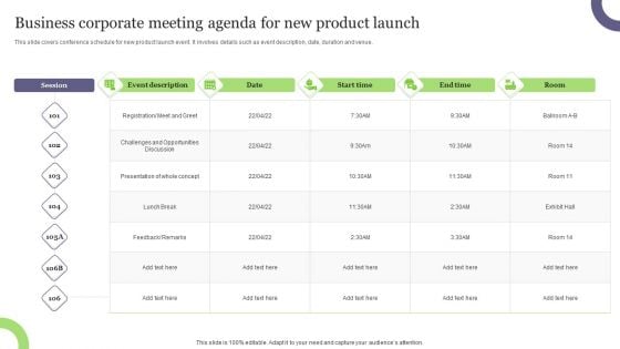 Business Corporate Meeting Agenda For New Product Launch Summary PDF